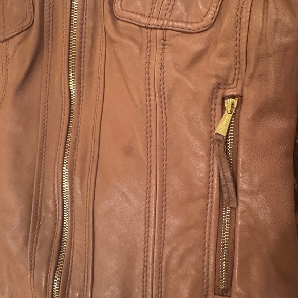Michael Kors Women's Brown Leather Hooded Moto Jacket Size M - Picture 9 of 16